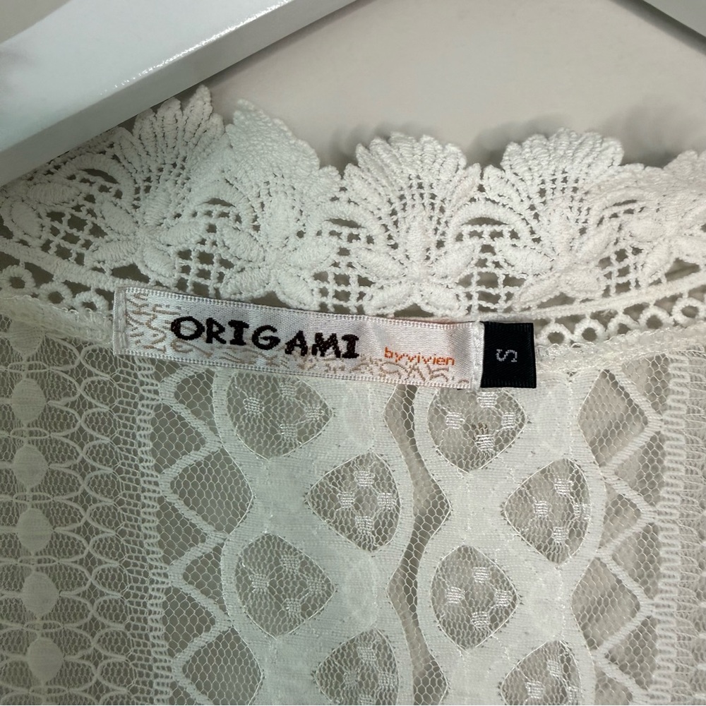 Origami | White Lace Duster Cardigan Sheer Lace Hi Lo Hem Boho Western Sz Small - Picture 4 of 8